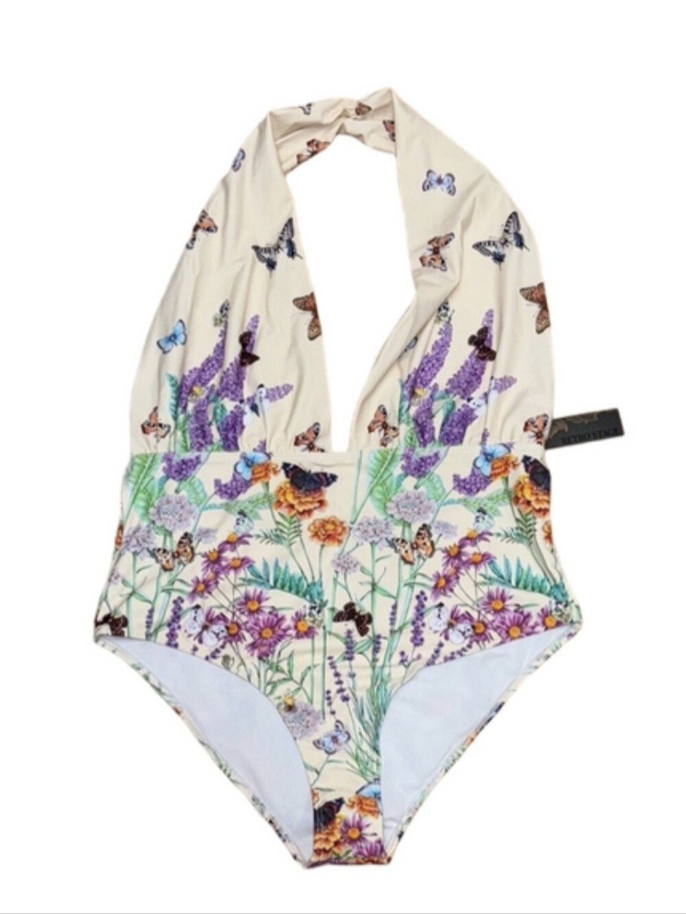 Retro Stage XXL Cream Purple Floral Butterfly Halter One Piece Swim